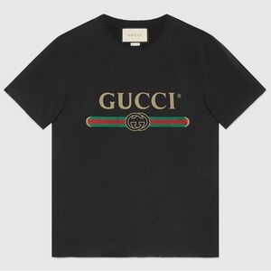 Gucci Black Tee with Gold and Green-Red Logo